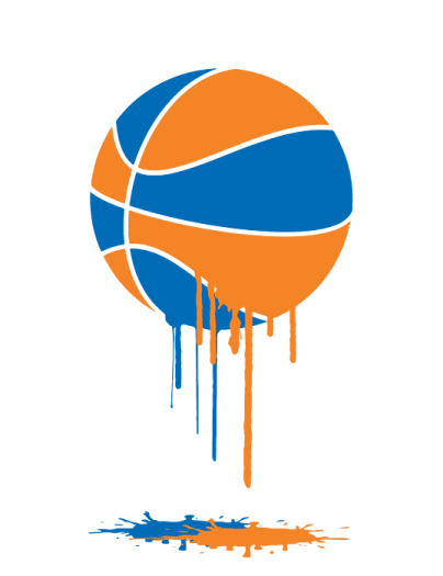 an orange and blue basketball ball on a white background