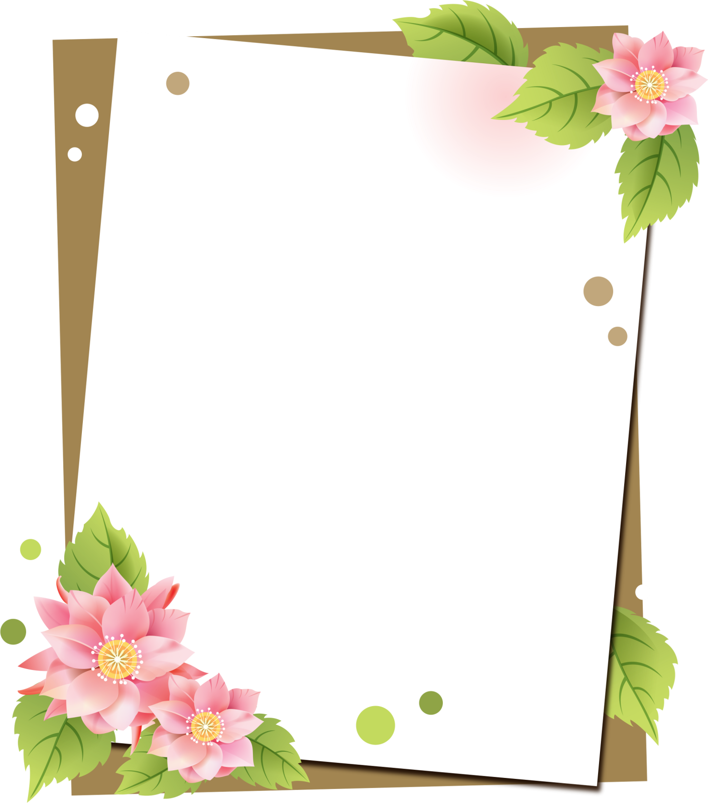 a blank paper with pink flowers and green leaves