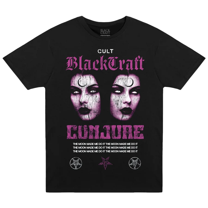 a black t - shirt with an image of two women's faces on the front