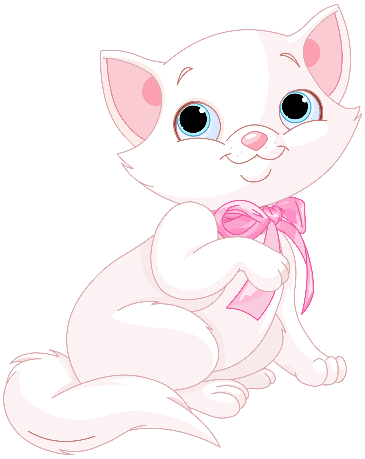 a white cat with a pink bow sitting down