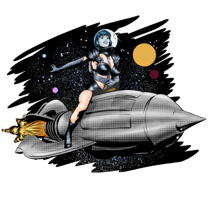 an illustration of a woman riding on a rocket