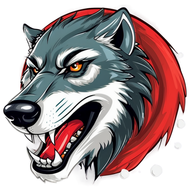 a wolf's head with red eyes and fangs
