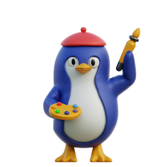 a blue penguin holding a paintbrush and brush