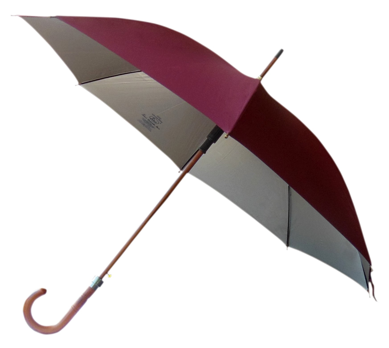 an open umbrella with a wooden handle