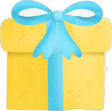 a yellow gift box with blue ribbon and bow