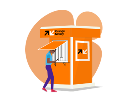 a man standing in front of a small orange building
