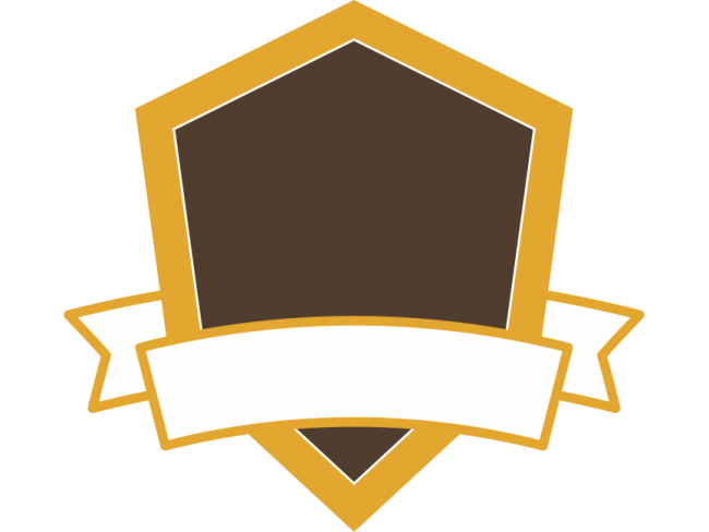 a brown shield with a white ribbon around it