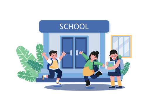 two people dancing in front of a school building