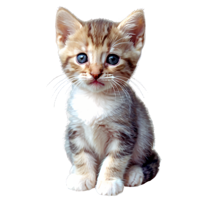 a small kitten with blue eyes sitting down