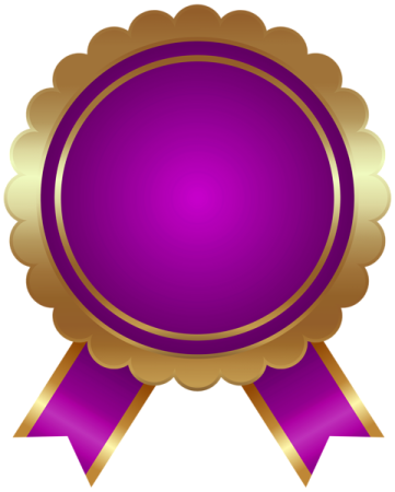 a gold medal with purple ribbon