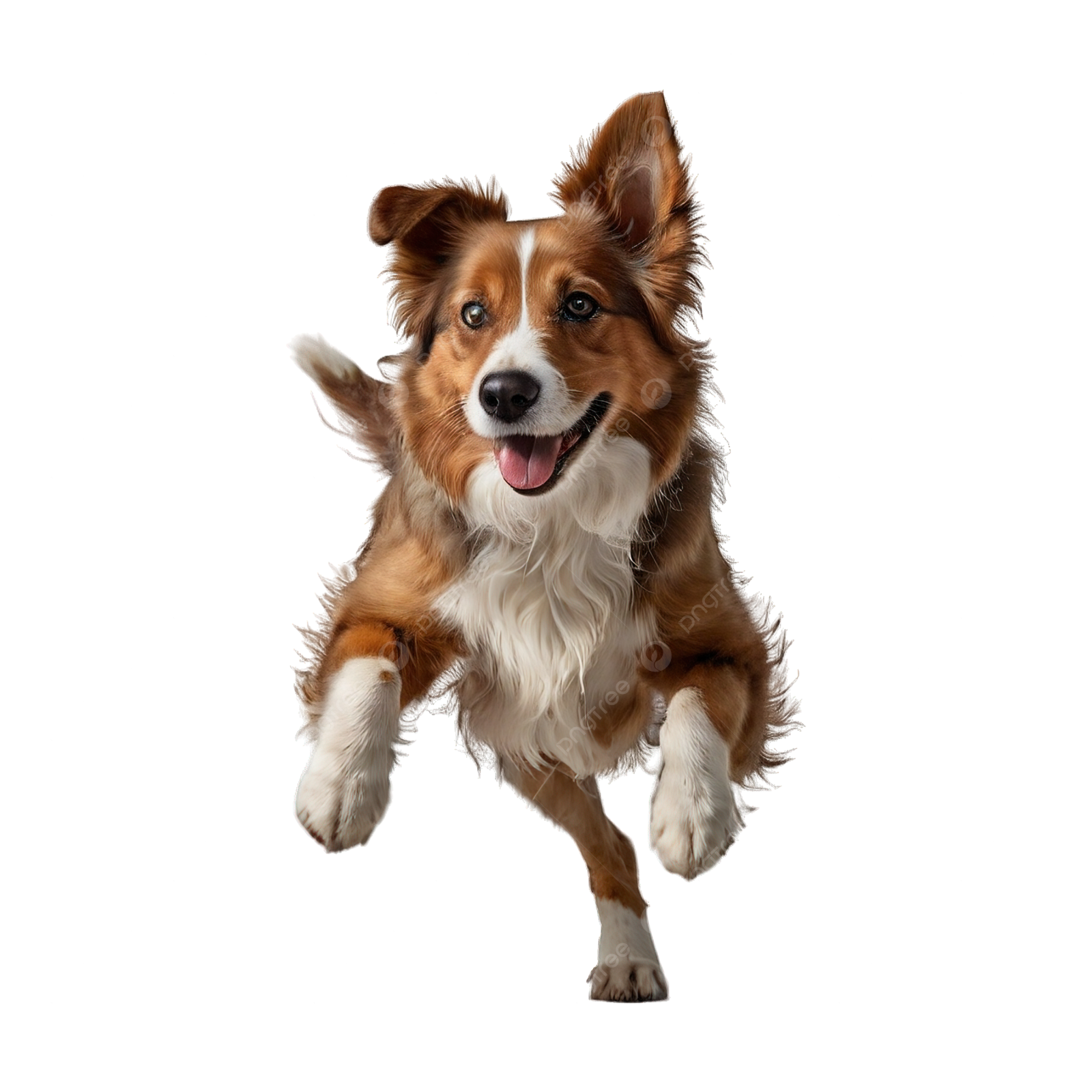 a brown and white dog jumping in the air