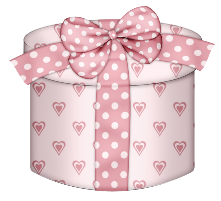 a pink and white gift box with hearts on it