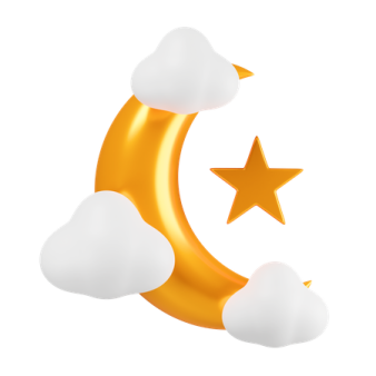 a crescent with stars and clouds on it