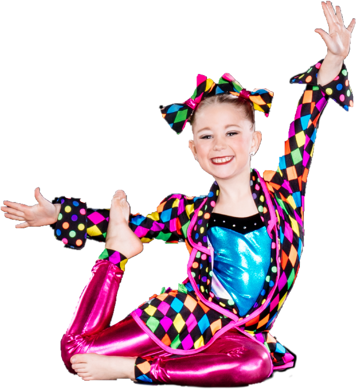 a little girl wearing a colorful outfit