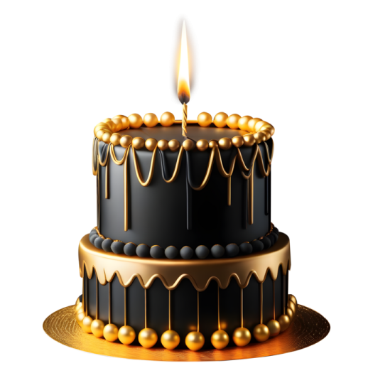 a black and gold birthday cake with a lit candle