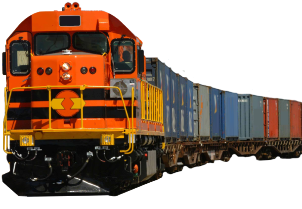 an orange and yellow train is on the tracks