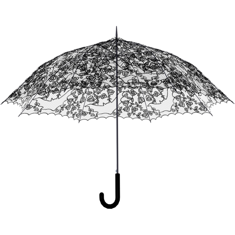 a black and white umbrella with flowers on it