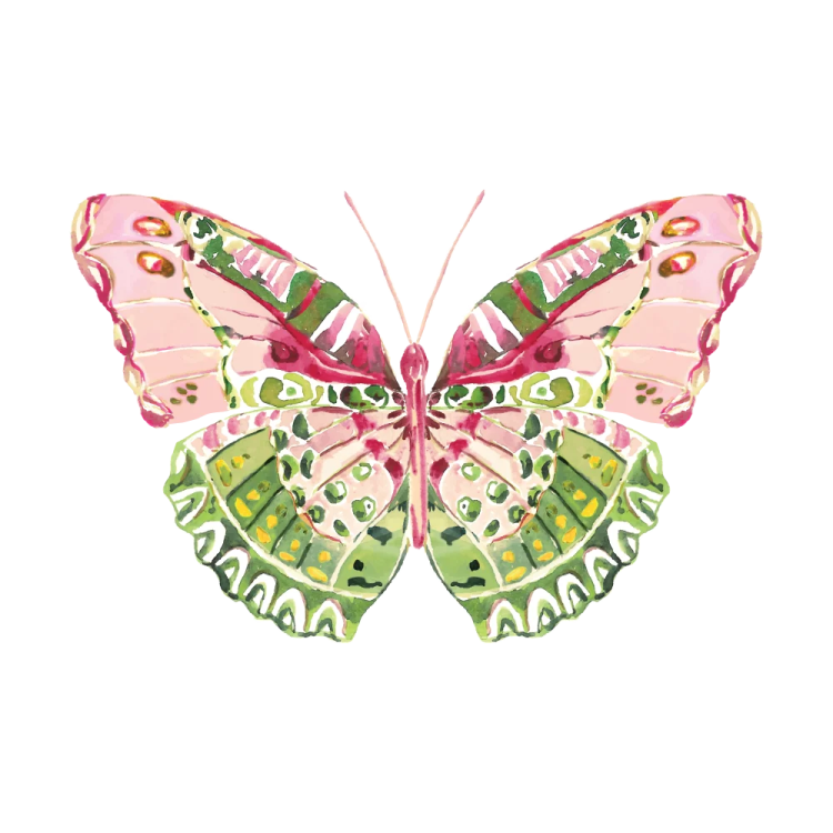 a pink and green butterfly on a white background