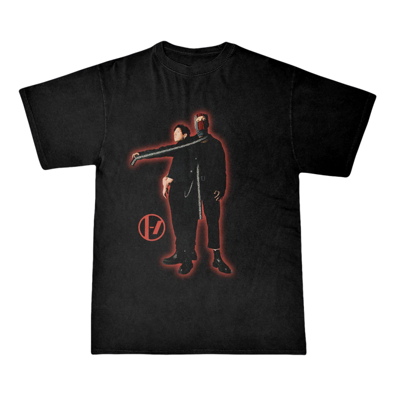 a black t - shirt with an image of a man holding a hammer