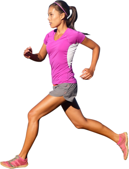 a woman running in a pink shirt and gray shorts