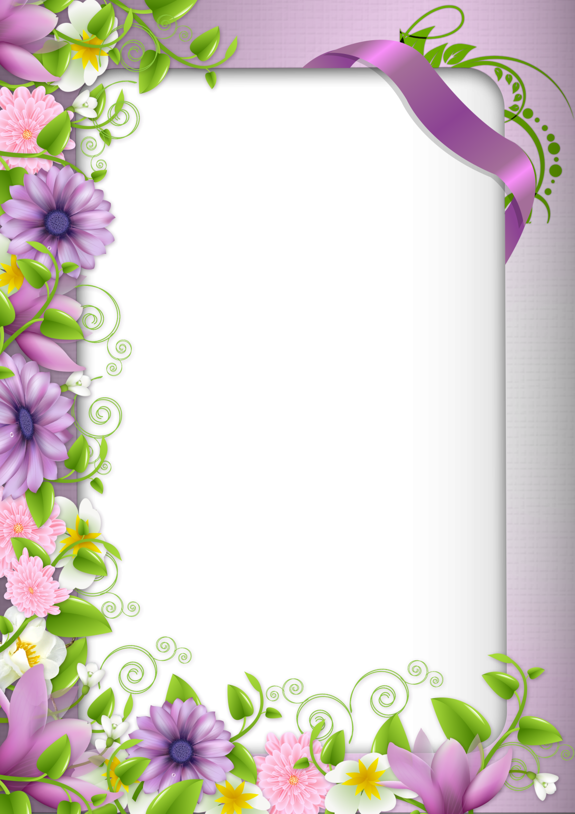 a floral frame with purple flowers and green leaves