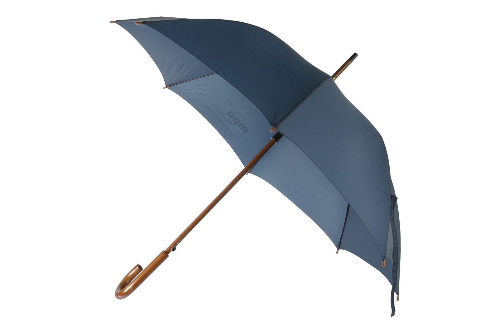 a blue umbrella with a wooden handle