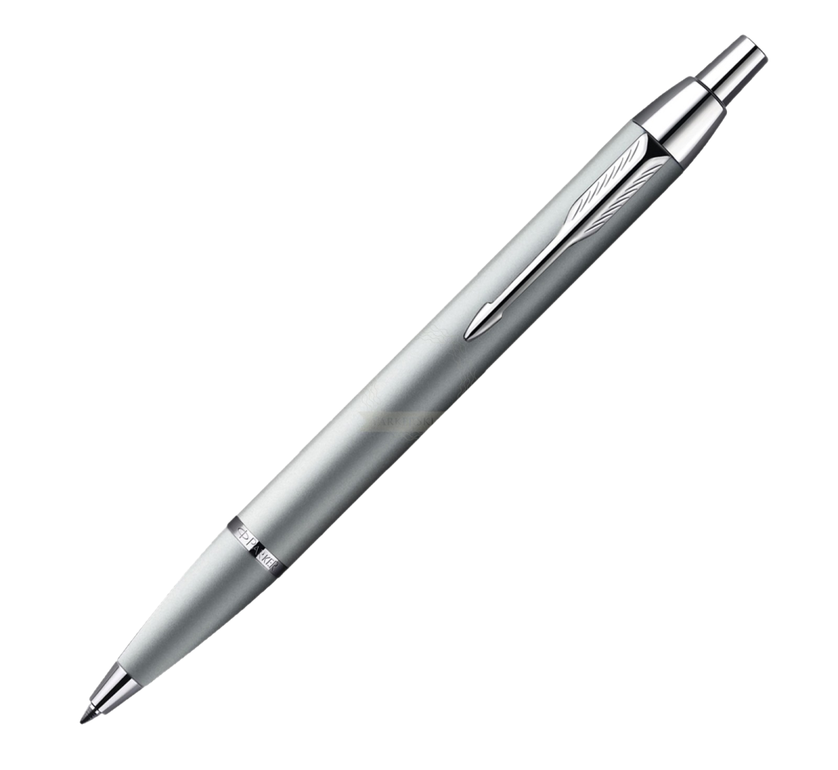 a silver ballpoint pen on a white background