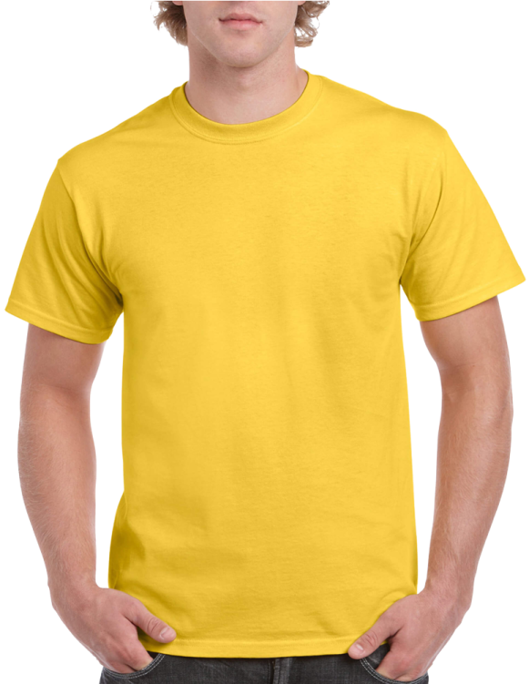 a man wearing a yellow t - shirt