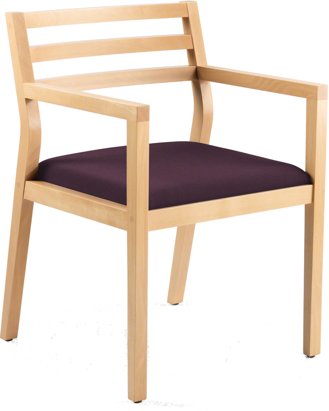 a wooden chair with purple seat pad