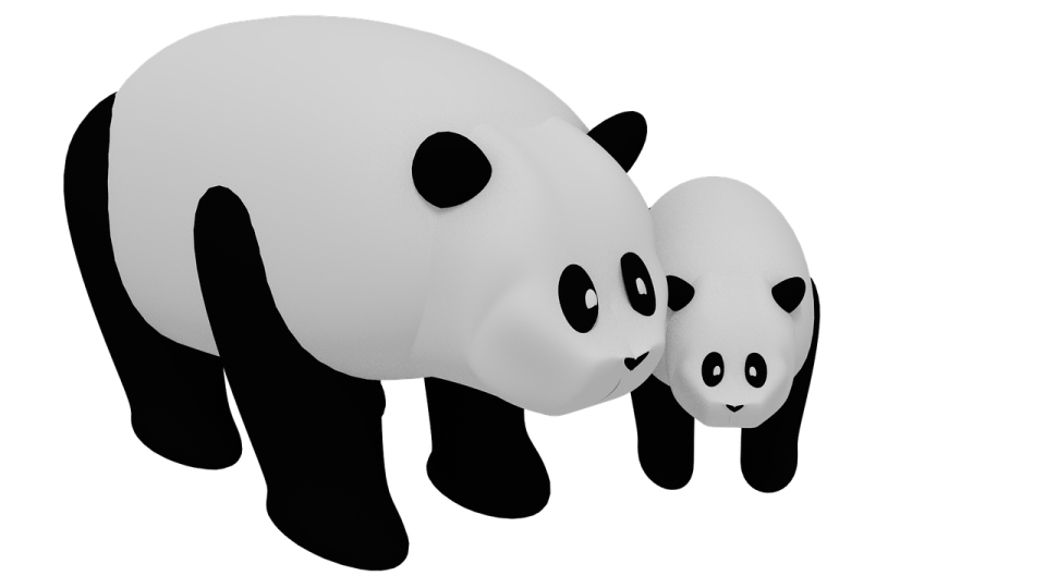 two panda bears standing next to each other one