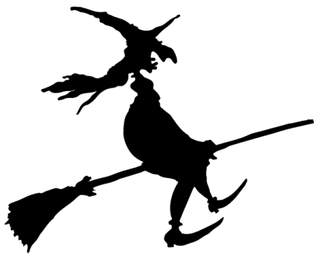 a silhouette of a witch flying on a broom