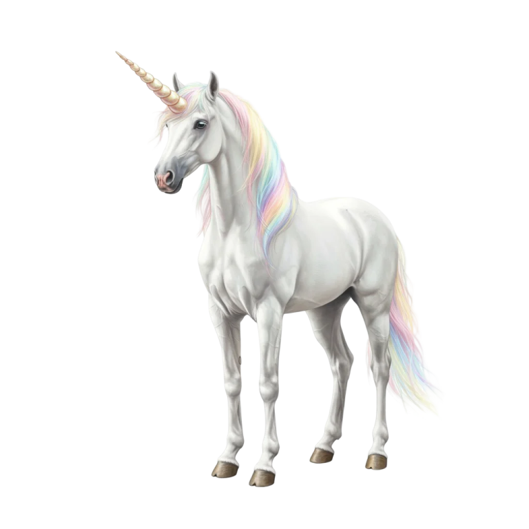 a white unicorn with a rainbow colored mane