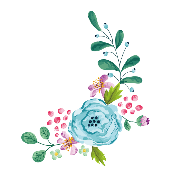 a blue flower with green leaves and pink flowers