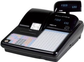 a calculator with a clock on top