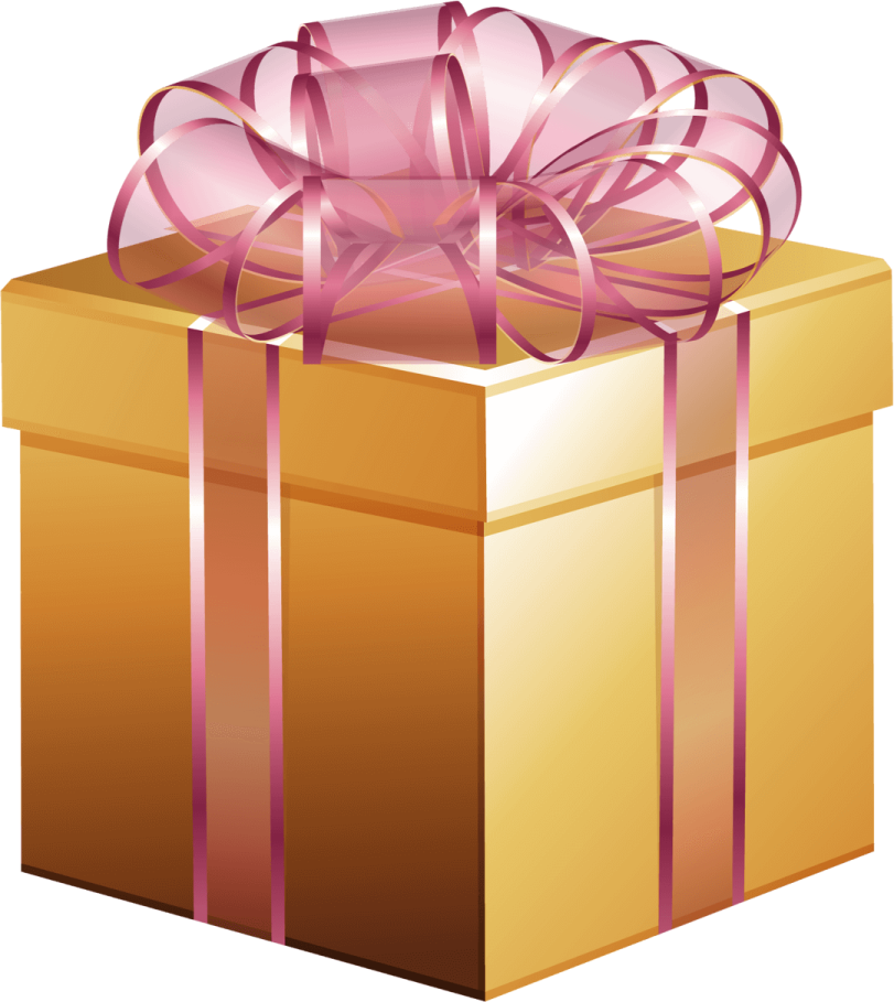 a gold gift box with a pink ribbon