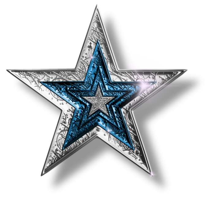 a silver and blue star on a white background