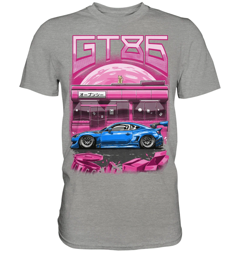 a grey t - shirt with a blue car in front of a diner