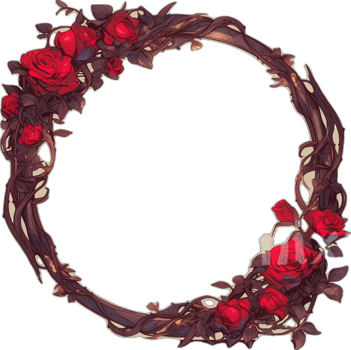 a circular frame with red roses and leaves