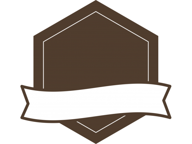 a brown shield with a white ribbon around it
