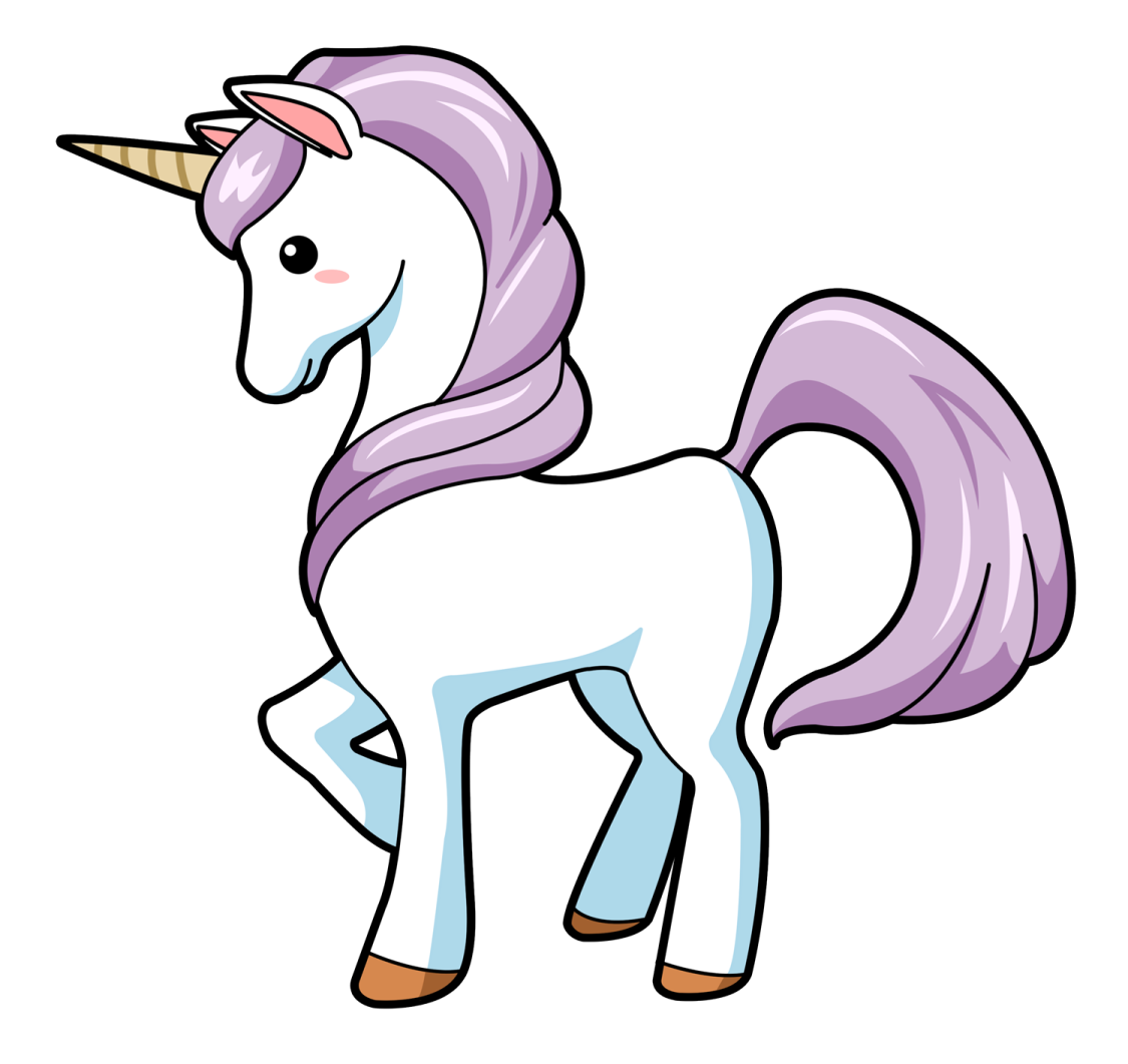 a cartoon unicorn with purple hair and blue eyes