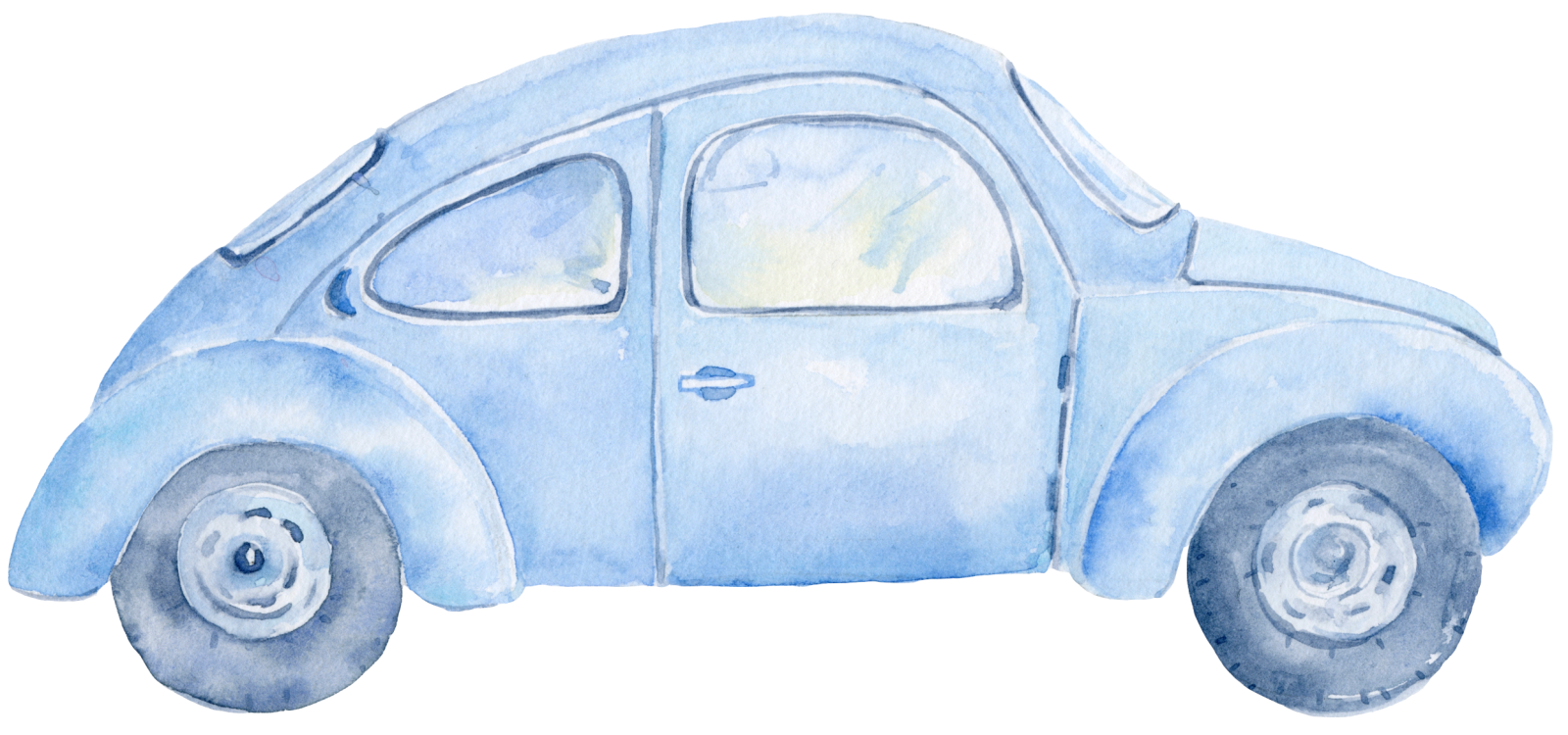 a watercolor drawing of a blue car