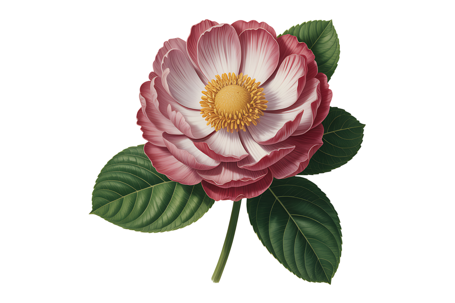a pink and white flower with green leaves