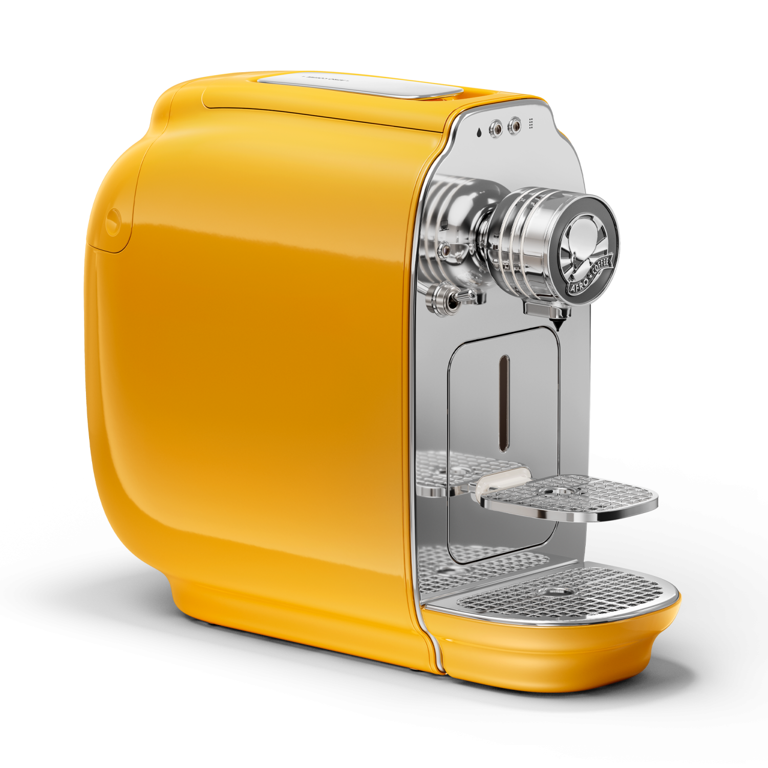 a yellow coffee machine on a white background