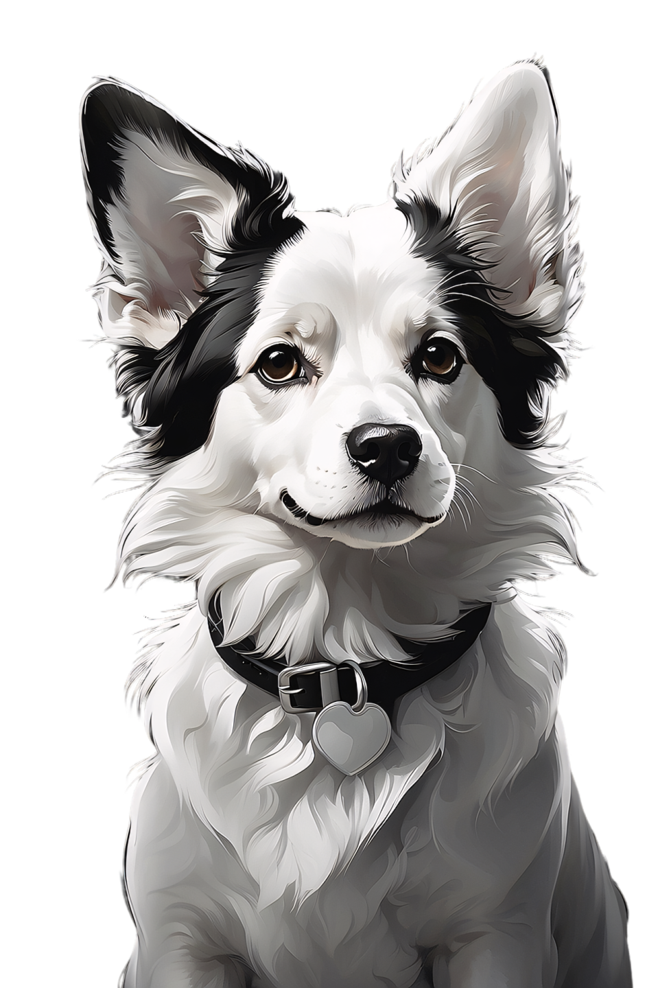 a black and white dog is sitting down