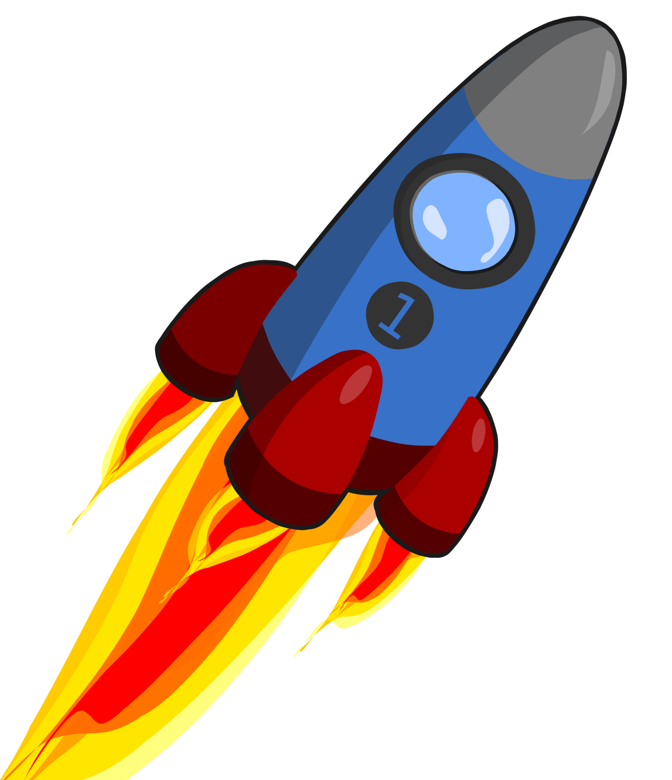 a blue and red rocket flying through the air
