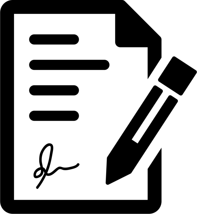 a black and white icon of a paper with a pen