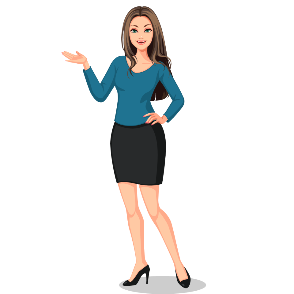 a woman in a blue shirt and black skirt