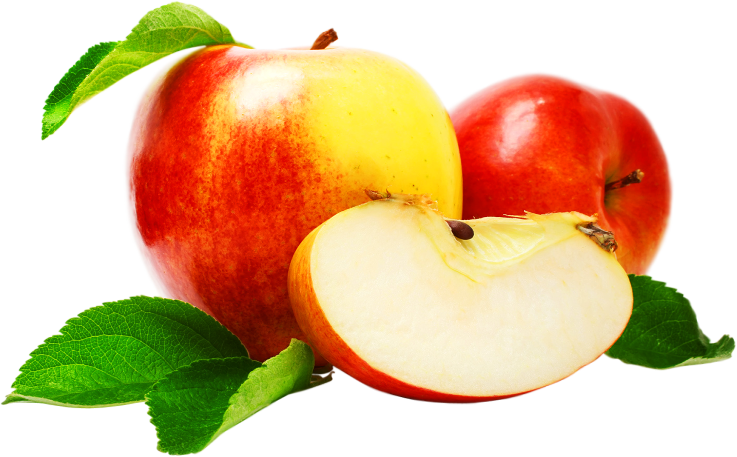 two apples with leaves on a white background