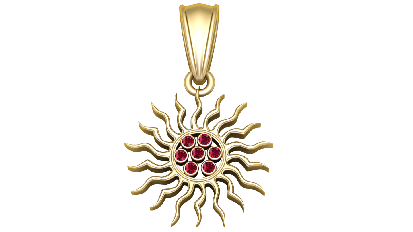 a yellow gold sun pendant with ruby stones
