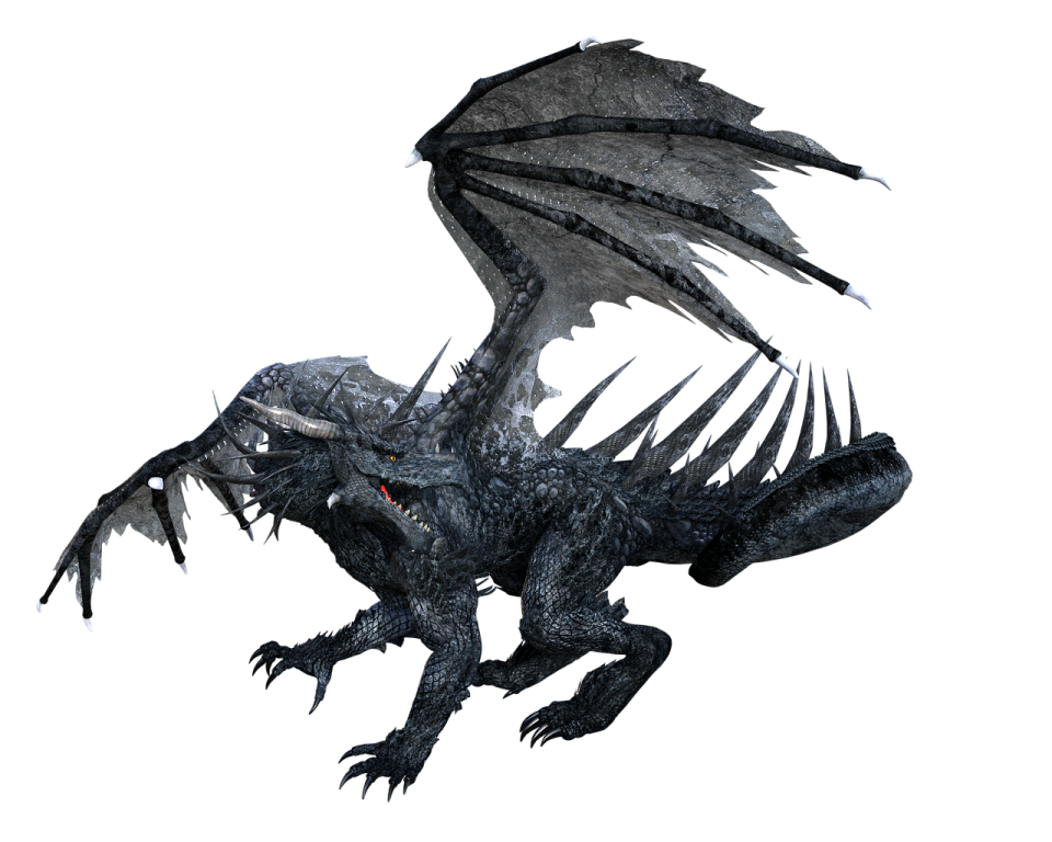 a black dragon is flying in the air